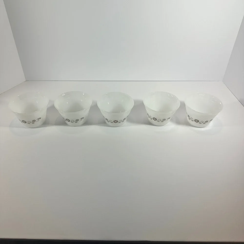 Pyrex Brown Daisy Milk Glass Custard Cups Set of 5 White Opal Ramekins 6oz 462